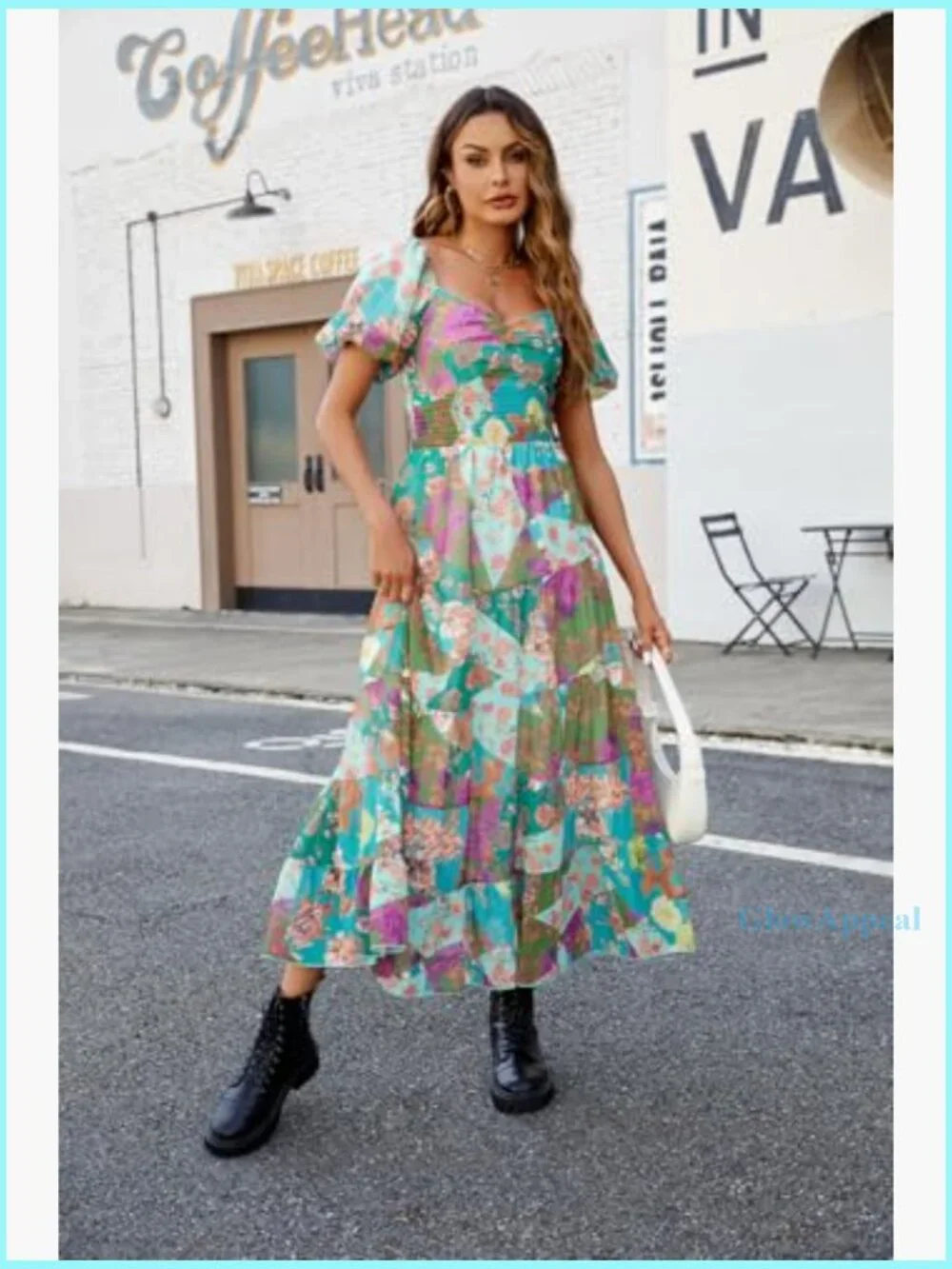 Floral Maxi Dress with Puff Sleeves Smocked Bodice Bohemian Summer - Picture 5 of 7